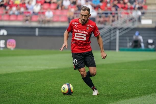 Flavien TAIT of Rennes during the Ligue 1 Uber Eats match between Rennes and Nantes at Roazhon Park on August 22, 2021 in Rennes, France.