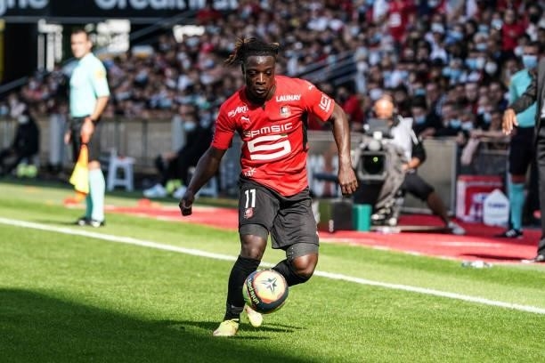 Jeremy DOKU of Rennes during the Ligue 1 Uber Eats match between Rennes and Nantes at Roazhon Park on August 22, 2021 in Rennes, France.
