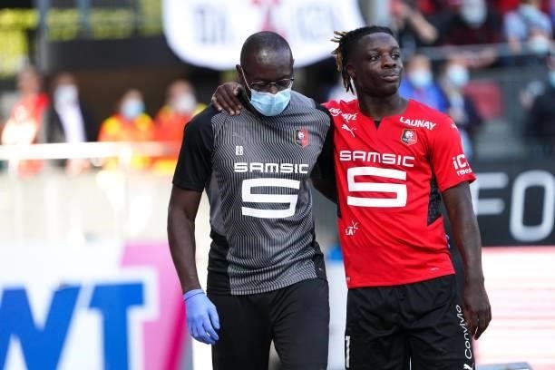 Injury of Jeremy DOKU of Rennes during the Ligue 1 Uber Eats match between Rennes and Nantes at Roazhon Park on August 22, 2021 in Rennes, France.