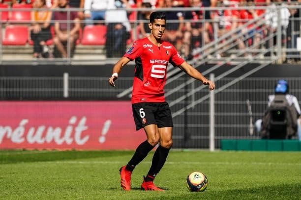 Nayef AGUERD of Rennes during the Ligue 1 Uber Eats match between Rennes and Nantes at Roazhon Park on August 22, 2021 in Rennes, France.