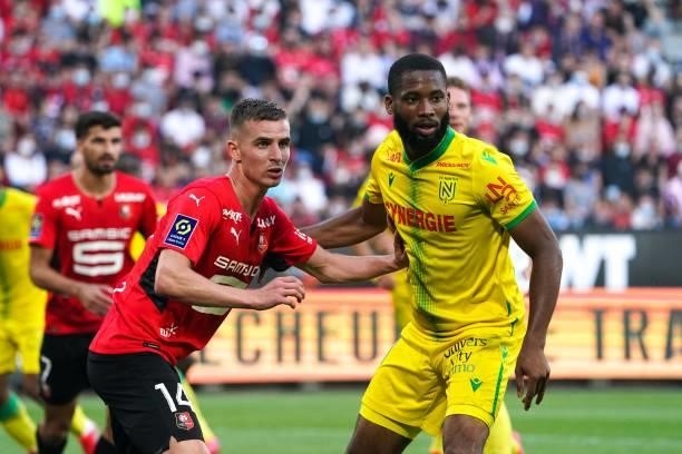 Benjamin BOURIGEAUD of Rennes and Marcus COCO of Nantes during the Ligue 1 Uber Eats match between Rennes and Nantes at Roazhon Park on August 22,...