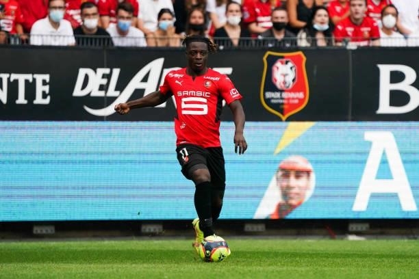 Jeremy DOKU of Rennes during the Ligue 1 Uber Eats match between Rennes and Nantes at Roazhon Park on August 22, 2021 in Rennes, France.