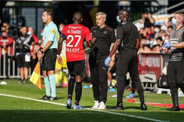 Bruno GENESIO, Headcoach of Rennes and Hamari TRAORE of Rennes during the Ligue 1 Uber Eats match between Rennes and Nantes at Roazhon Park on August...