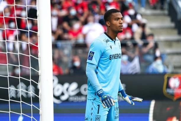 Alban LAFONT of Nantes during the Ligue 1 Uber Eats match between Rennes and Nantes at Roazhon Park on August 22, 2021 in Rennes, France.