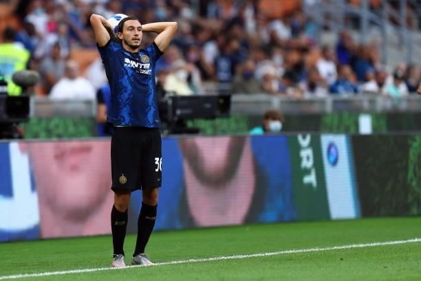 Matteo Darmian of FC Internazionale throw-in during the Serie A match between FC Internazionale and Genoa CFC at Stadio Giuseppe Meazza on August 21,...