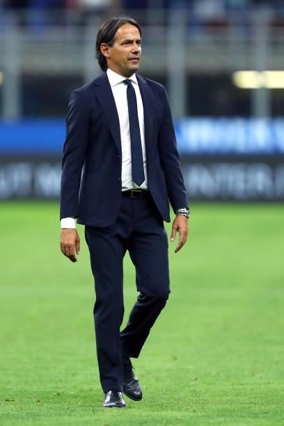 Simone Inzaghi, head coach of FC Internazionale looks on during the Serie A match between FC Internazionale and Genoa CFC at Stadio Giuseppe Meazza...