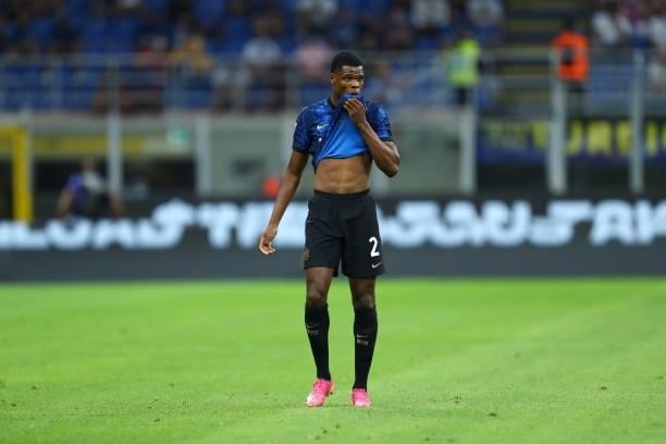 Denzel Dumfries of FC Internazionale looks on during the Serie A match between FC Internazionale and Genoa CFC at Stadio Giuseppe Meazza on August...