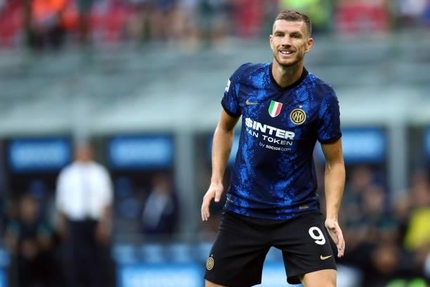 Edin Dzeko of FC Internazionale looks on during the Serie A match between FC Internazionale and Genoa CFC at Stadio Giuseppe Meazza on August 21,...