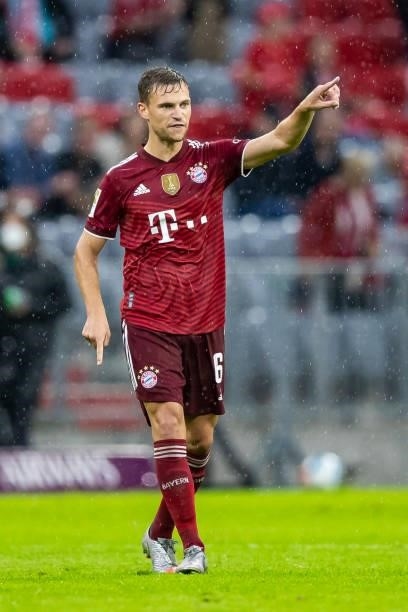 Joshua Kimmich of Bayern Muenchen gestures during the Bundesliga match between FC Bayern Muenchen and 1. FC Koeln at Allianz Arena on August 22, 2021...