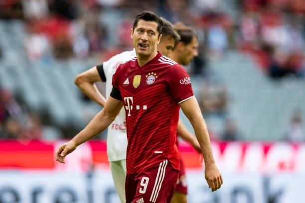 Robert Lewandowski of Bayern Muenchen looks on during the Bundesliga match between FC Bayern Muenchen and 1. FC Koeln at Allianz Arena on August 22,...