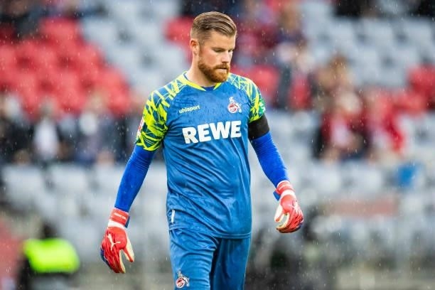 Goalkeeper Timo Horn of 1. FC Koeln looks dejected during the Bundesliga match between FC Bayern Muenchen and 1. FC Koeln at Allianz Arena on August...