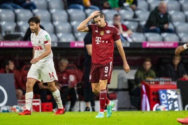 Robert Lewandowski of Bayern Muenchen looks dejected during the Bundesliga match between FC Bayern Muenchen and 1. FC Koeln at Allianz Arena on...
