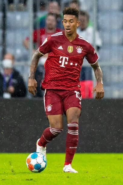 Chris Richards of Bayern Muenchen compete during the Bundesliga match between FC Bayern Muenchen and 1. FC Koeln at Allianz Arena on August 22, 2021...