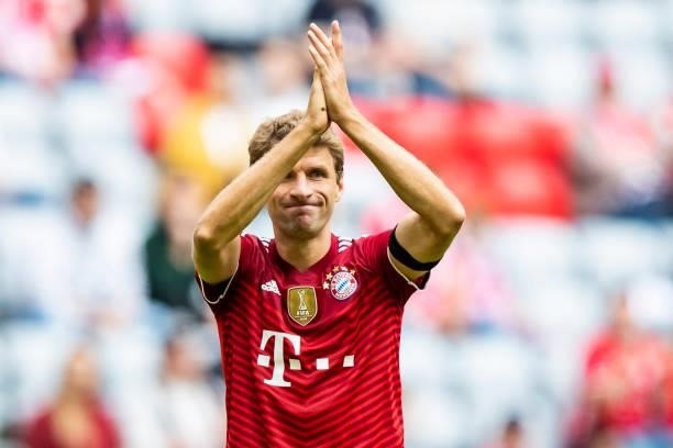 Thomas Mueller of Bayern Muenchen gestures during the Bundesliga match between FC Bayern Muenchen and 1. FC Koeln at Allianz Arena on August 22, 2021...