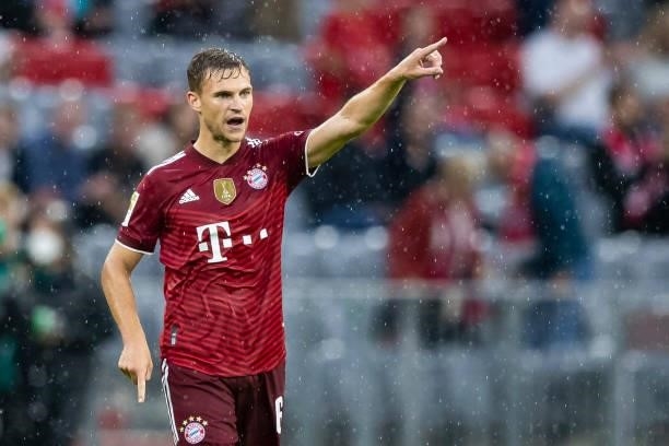 Joshua Kimmich of Bayern Muenchen gestures during the Bundesliga match between FC Bayern Muenchen and 1. FC Koeln at Allianz Arena on August 22, 2021...