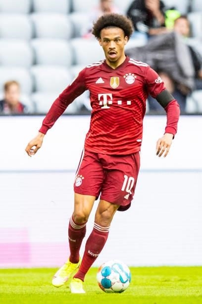 Leroy Sane of Bayern Muenchen compete during the Bundesliga match between FC Bayern Muenchen and 1. FC Koeln at Allianz Arena on August 22, 2021 in...