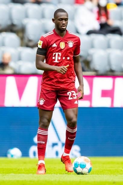 Tanguy Nianzou of Bayern Muenchen compete during the Bundesliga match between FC Bayern Muenchen and 1. FC Koeln at Allianz Arena on August 22, 2021...