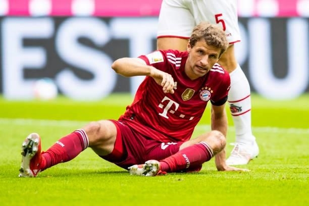 Thomas Mueller of Bayern Muenchen on the ground during the Bundesliga match between FC Bayern Muenchen and 1. FC Koeln at Allianz Arena on August 22,...