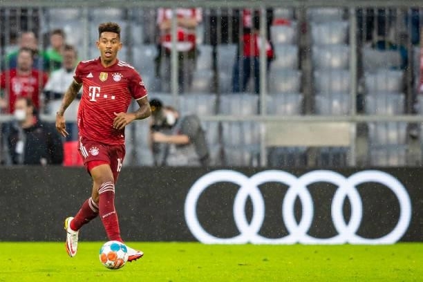 Chris Richards of Bayern Muenchen compete during the Bundesliga match between FC Bayern Muenchen and 1. FC Koeln at Allianz Arena on August 22, 2021...