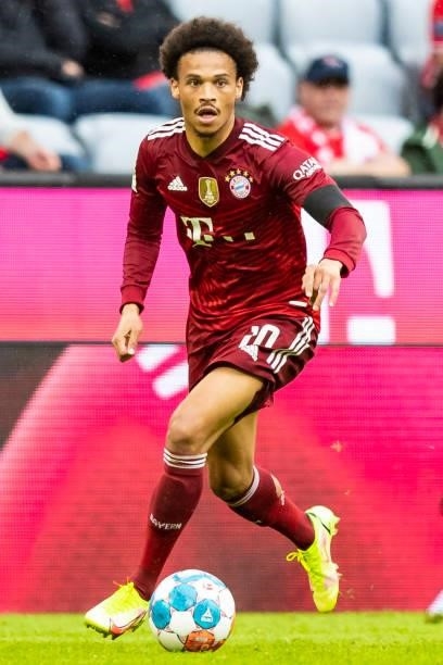 Leroy Sane of Bayern Muenchen compete during the Bundesliga match between FC Bayern Muenchen and 1. FC Koeln at Allianz Arena on August 22, 2021 in...