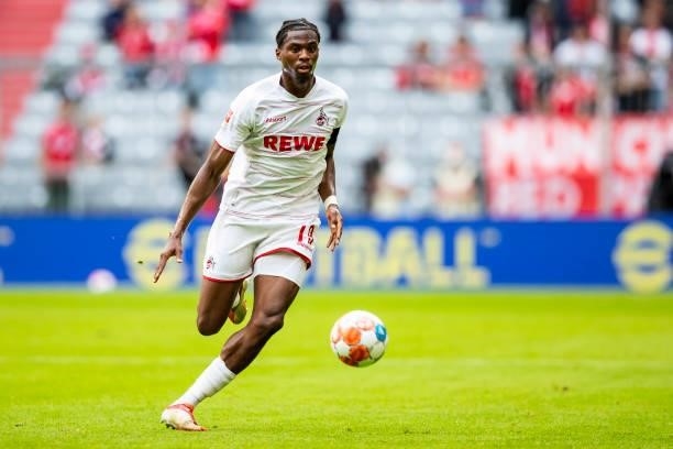 Kingsley Ehizibue of 1. FC Koeln compete during the Bundesliga match between FC Bayern Muenchen and 1. FC Koeln at Allianz Arena on August 22, 2021...