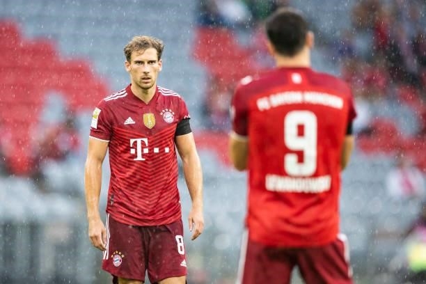Leon Goretzka of Bayern Muenchen and Robert Lewandowski of Bayern Muenchen looks on during the Bundesliga match between FC Bayern Muenchen and 1. FC...
