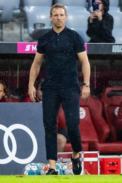 Head coach Julian Nagelsmann of Bayern Muenchen looks on during the Bundesliga match between FC Bayern Muenchen and 1. FC Koeln at Allianz Arena on...
