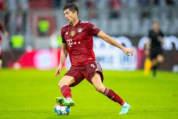 Robert Lewandowski of Bayern Muenchen compete during the Bundesliga match between FC Bayern Muenchen and 1. FC Koeln at Allianz Arena on August 22,...