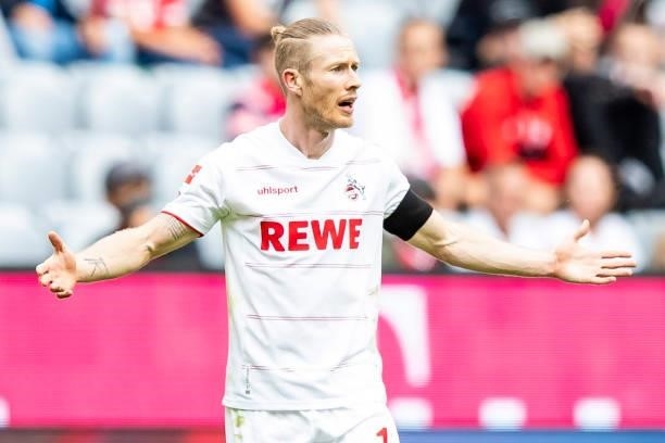 Florian Kainz of 1. FC Koeln gestures during the Bundesliga match between FC Bayern Muenchen and 1. FC Koeln at Allianz Arena on August 22, 2021 in...