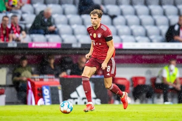 Leon Goretzka of Bayern Muenchen compete during the Bundesliga match between FC Bayern Muenchen and 1. FC Koeln at Allianz Arena on August 22, 2021...