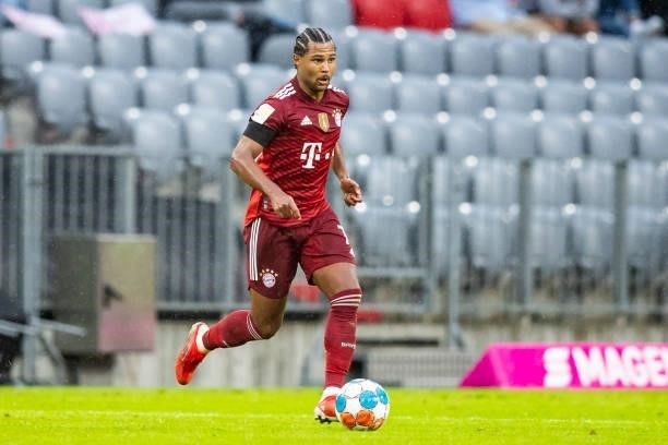 Serge Gnabry of Bayern Muenchen compete during the Bundesliga match between FC Bayern Muenchen and 1. FC Koeln at Allianz Arena on August 22, 2021 in...
