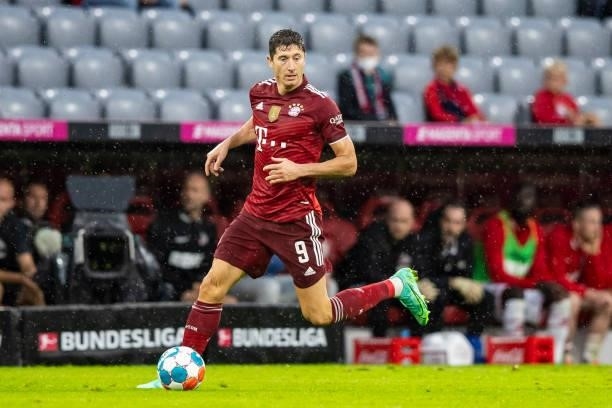 Robert Lewandowski of Bayern Muenchen compete during the Bundesliga match between FC Bayern Muenchen and 1. FC Koeln at Allianz Arena on August 22,...