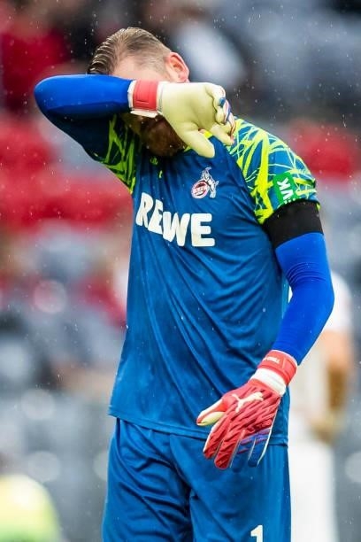 Goalkeeper Manuel Neuer of Bayern Muenchen looks dejected during the Bundesliga match between FC Bayern Muenchen and 1. FC Koeln at Allianz Arena on...