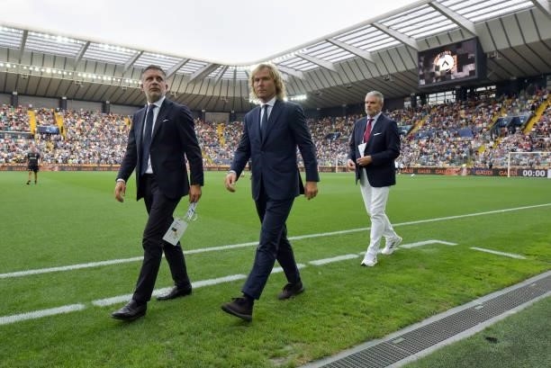 Federico Cherubini, Pavel Nedved, Maurizio Arrivabene during the Serie A match between Udinese Calcio v Juventus at Dacia Arena on August 22, 2021 in...