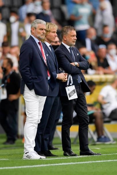 Maurizio Arrivabene, Pavel Nedved and Federico Cherubini during the Serie A match between Udinese Calcio v Juventus at Dacia Arena on August 22, 2021...