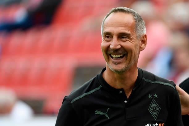 Head coach Adi Huetter of Borussia Moenchengladbach smiles during the Bundesliga match between Bayer 04 Leverkusen and Borussia Moenchengladbach at...