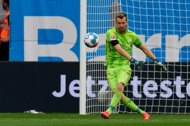 Goalkeeper Lukas Hradecky of Bayer 04 Leverkusen controls the ball during the Bundesliga match between Bayer 04 Leverkusen and Borussia...