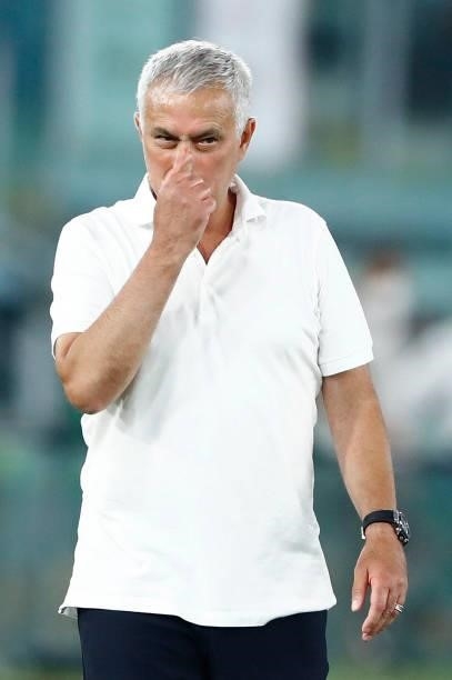 Jose Mourinho Head Coach of AS Roma looks dejected during the Serie A match between AS Roma and ACF Fiorentina at Stadio Olimpico on August 22, 2021...