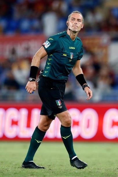 Referee Luca Pairetto looks on during the Serie A match between AS Roma and ACF Fiorentina at Stadio Olimpico on August 22, 2021 in Rome, Italy.