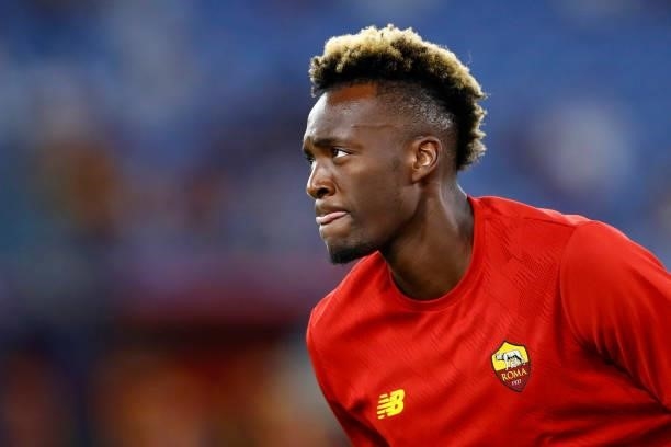 Tammy Abraham of AS Roma warms up prior to the Serie A match between AS Roma and ACF Fiorentina at Stadio Olimpico on August 22, 2021 in Rome, Italy.