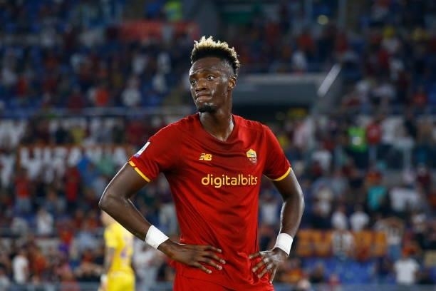 Tammy Abraham of AS Roma looks on during the Serie A match between AS Roma and ACF Fiorentina at Stadio Olimpico on August 22, 2021 in Rome, Italy.