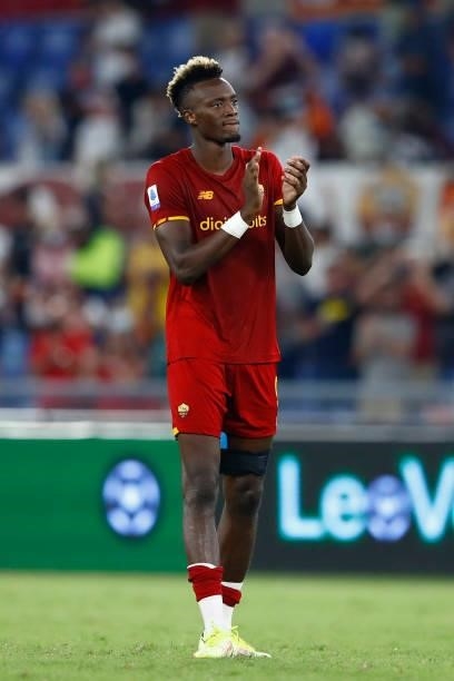 Tammy Abraham of AS Roma celebrates after winning during the Serie A match between AS Roma and ACF Fiorentina at Stadio Olimpico on August 22, 2021...