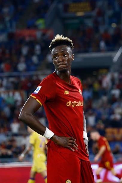Tammy Abraham of AS Roma looks on during the Serie A match between AS Roma and ACF Fiorentina at Stadio Olimpico on August 22, 2021 in Rome, Italy.