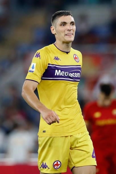 Nikola Milenkovic of ACF Fiorentina looks on during the Serie A match between AS Roma and ACF Fiorentina at Stadio Olimpico on August 22, 2021 in...