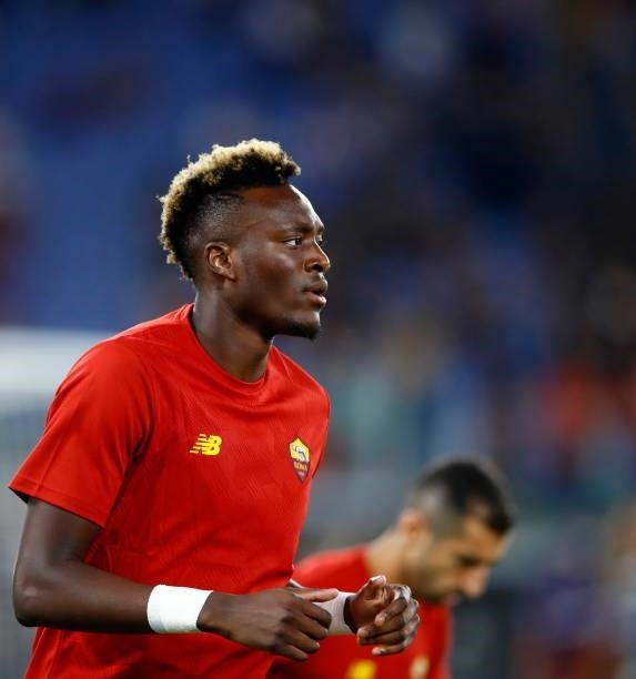 Tammy Abraham of AS Roma warms up prior to the Serie A match between AS Roma and ACF Fiorentina at Stadio Olimpico on August 22, 2021 in Rome, Italy.