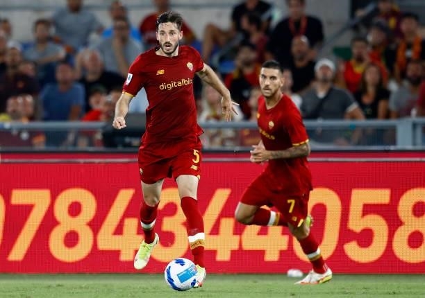 Matias Vina of AS Roma controls the ball during the Serie A match between AS Roma and ACF Fiorentina at Stadio Olimpico on August 22, 2021 in Rome,...