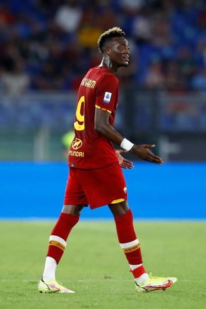 Tammy Abraham of AS Roma gestures during the Serie A match between AS Roma and ACF Fiorentina at Stadio Olimpico on August 22, 2021 in Rome, Italy.