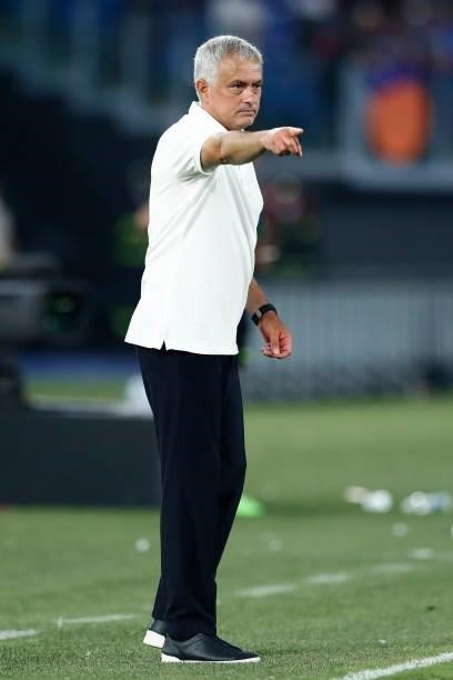 Jose Mourinho Head Coach of AS Roma gestures during the Serie A match between AS Roma and ACF Fiorentina at Stadio Olimpico on August 22, 2021 in...