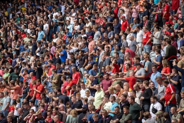 Twente Fans on the stands prior to the Dutch Eredivisie match between FC Twente and Ajax at De Grolsch Veste Stadium on August 22, 2021 in Enschede,...