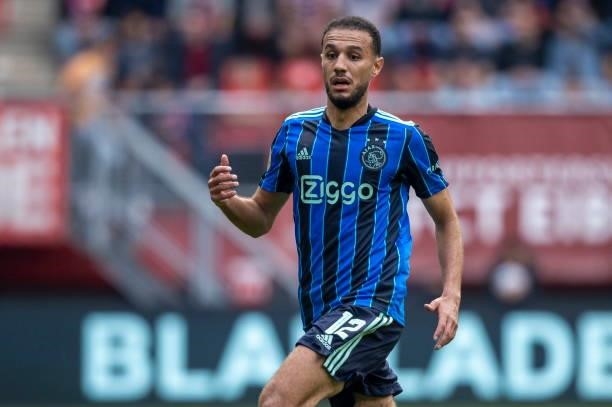 Noussair Mazraoui of AFC Ajax looks on during the Dutch Eredivisie match between FC Twente and Ajax at De Grolsch Veste Stadium on August 22, 2021 in...